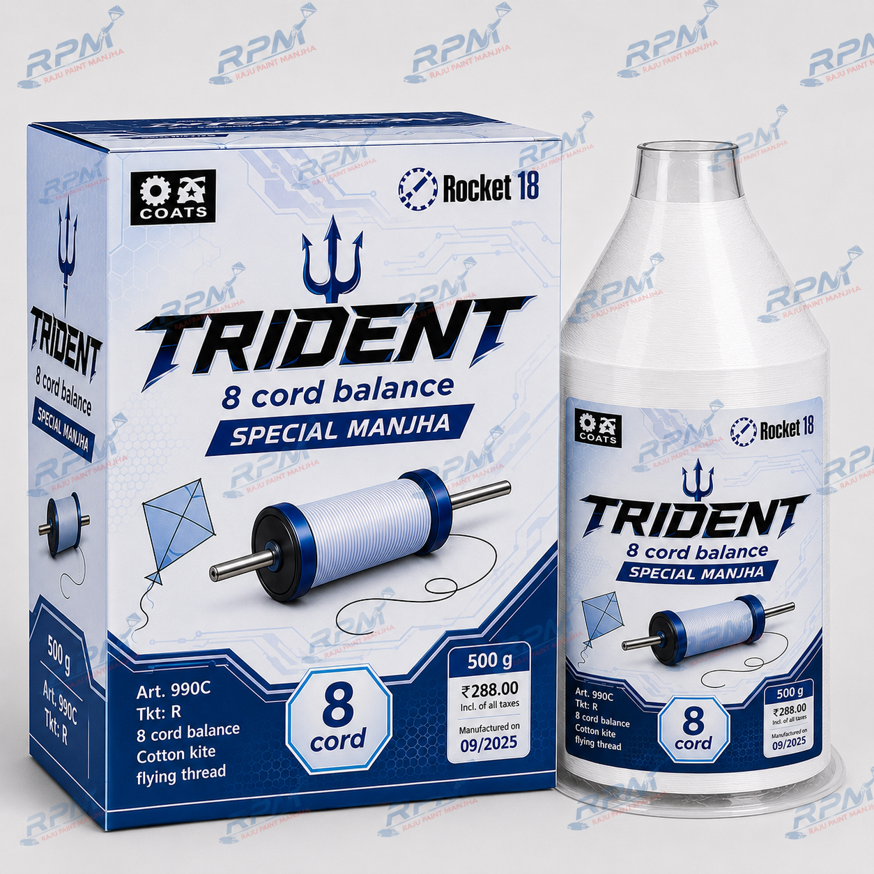 Trident Rocket 8 (8 Cord) Special Manjha (500g) – Premium Cotton Kite Flying Thread